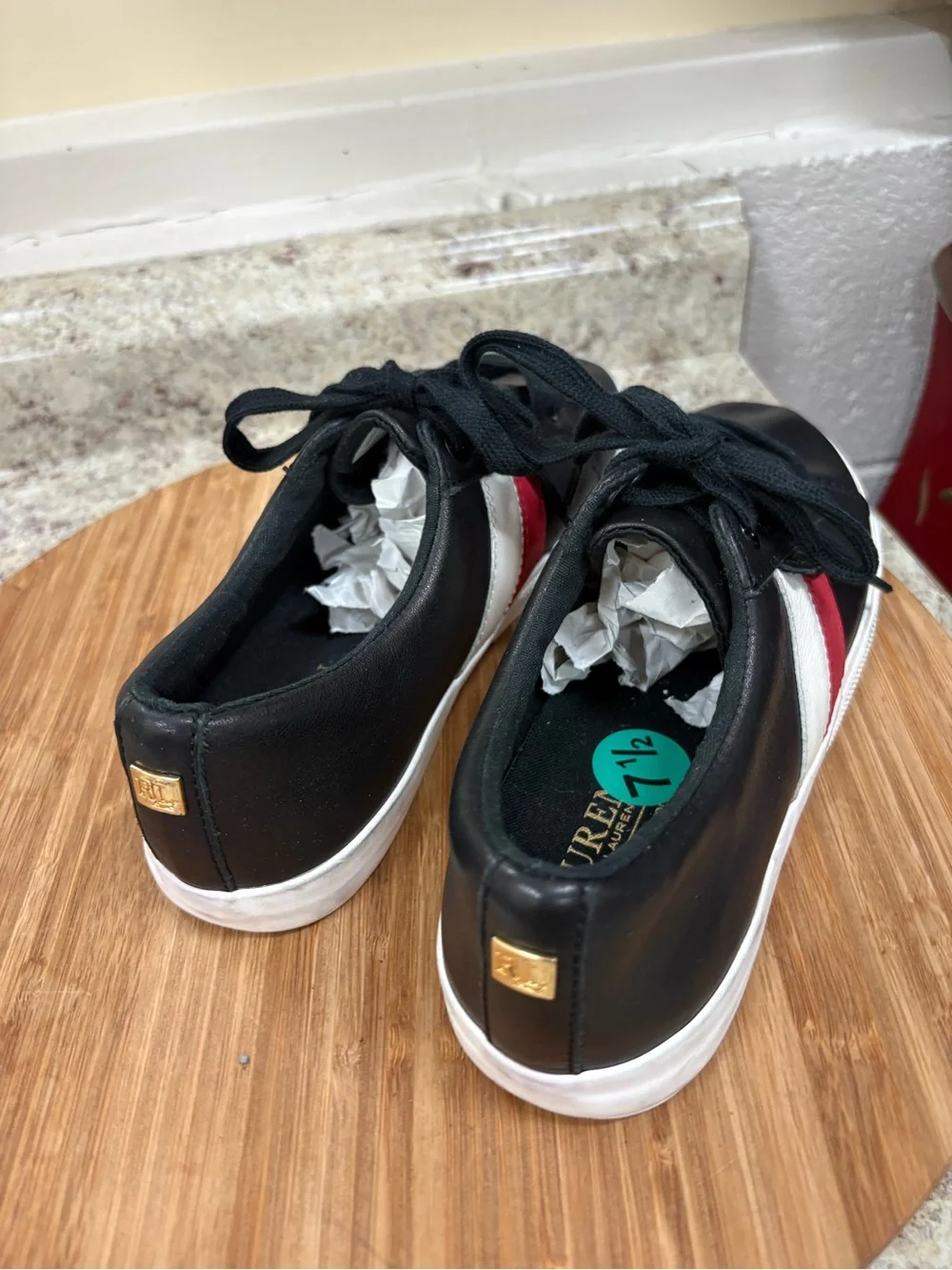 Lauren Ralph Lauren women’s 7.5 black stripe athletic lace up sneaker shoes